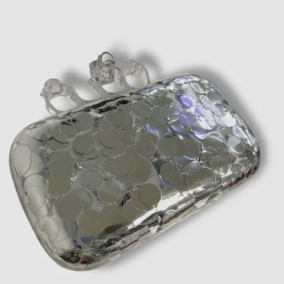 $2592 Alexander McQueen Womens Silver Skull Four-Ring Sequin Box Clutch Hand Bag - Picture 3 of 4